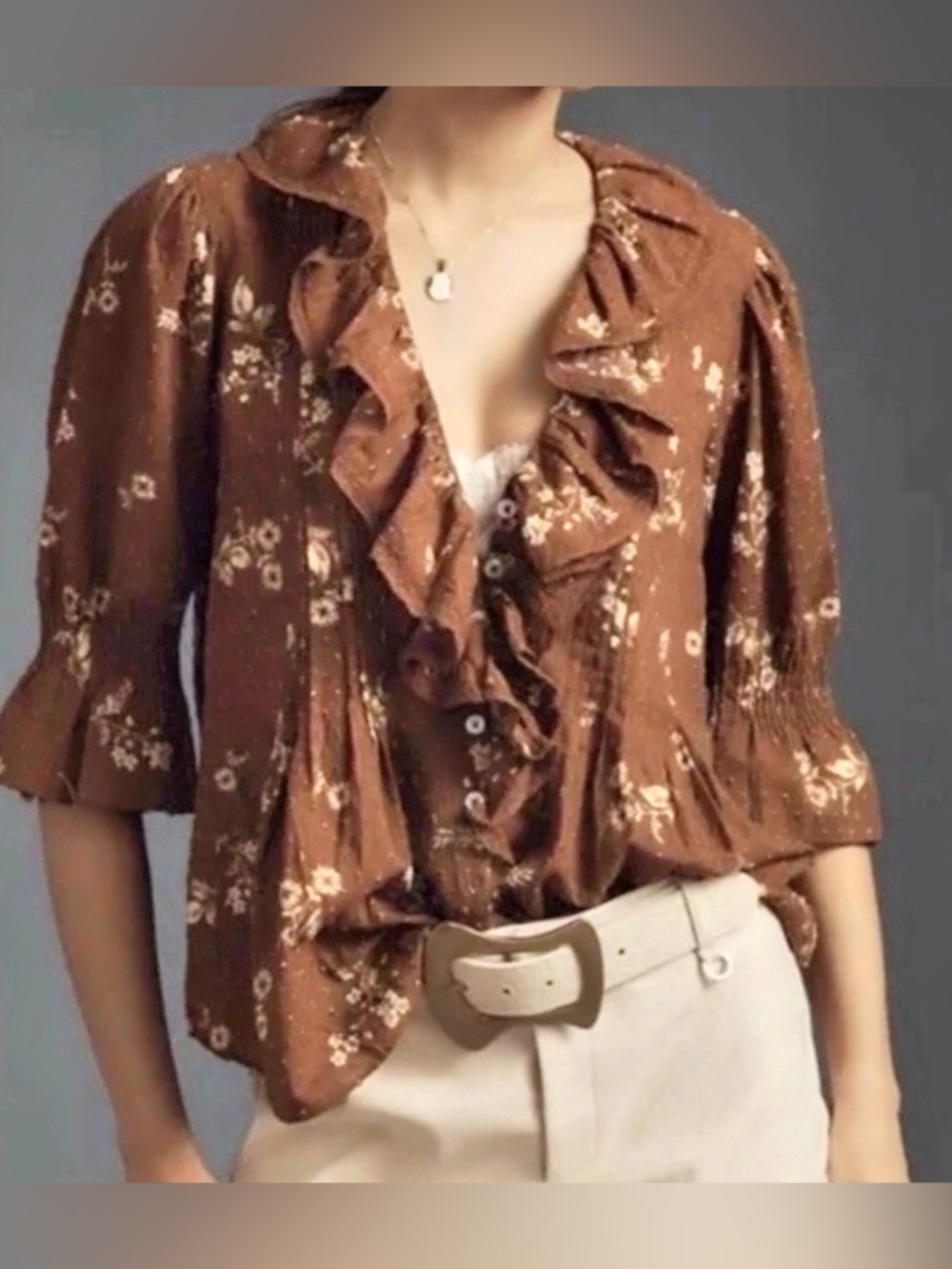 Anthropologie Brown Floral Printed Ruffle Button Up Cotton Blouse - Size XL